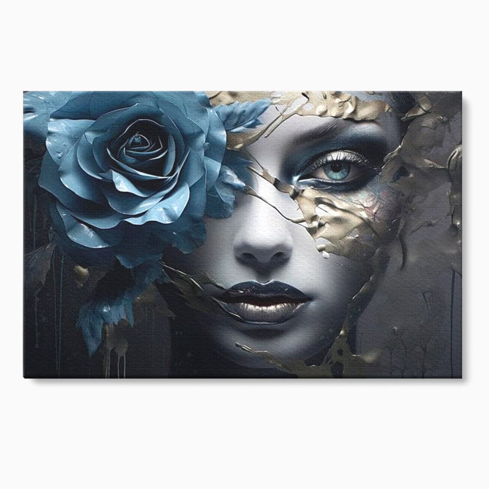 Tablou canvas cu tablou canvas cu chip de femeie si trandafir albastru, fara rama, pe sasiu de lemn